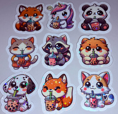 Cute Animal Boba Tea Sticker Pack – Kawaii Animal Vinyl Decals – Planner, Laptop, and Water Bottle Stickers
