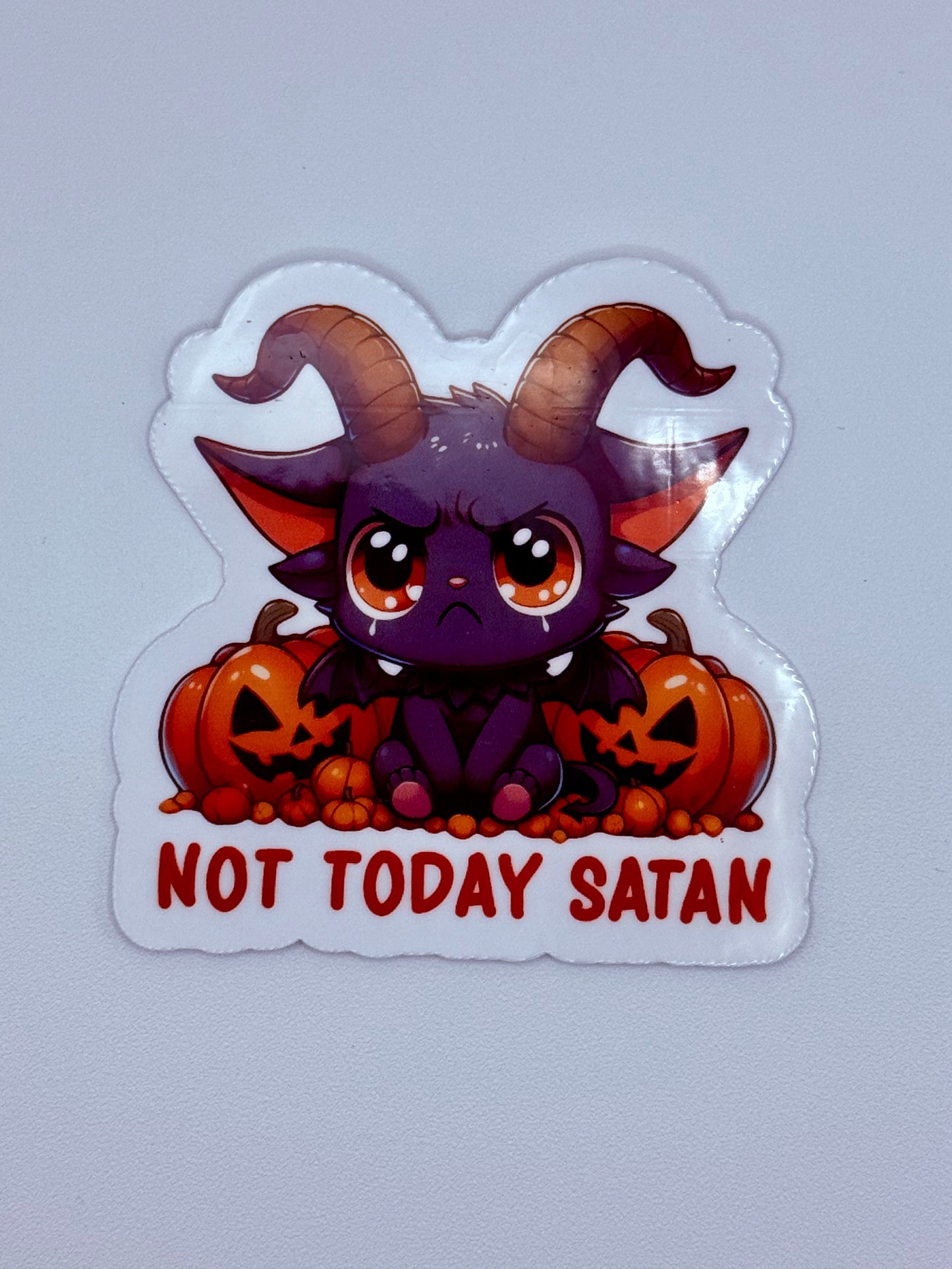 Not Today Satan Sticker – Cute Chibi Demon with Pumpkins, Halloween Spooky Vinyl Decal, Funny Gothic Laptop/Water Bottle Sticker