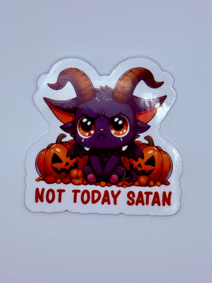 Not Today Satan Sticker – Cute Chibi Demon with Pumpkins, Halloween Spooky Vinyl Decal, Funny Gothic Laptop/Water Bottle Sticker
