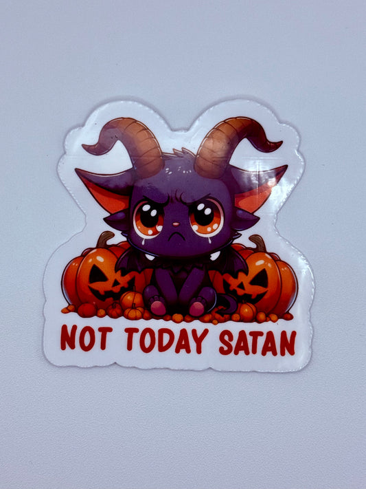 Not Today Satan Sticker – Cute Chibi Demon with Pumpkins, Halloween Spooky Vinyl Decal, Funny Gothic Laptop/Water Bottle Sticker