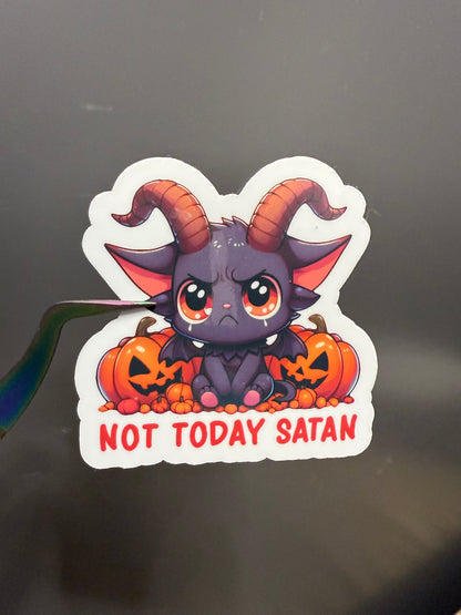 Not Today Satan Sticker – Cute Chibi Demon with Pumpkins, Halloween Spooky Vinyl Decal, Funny Gothic Laptop/Water Bottle Sticker