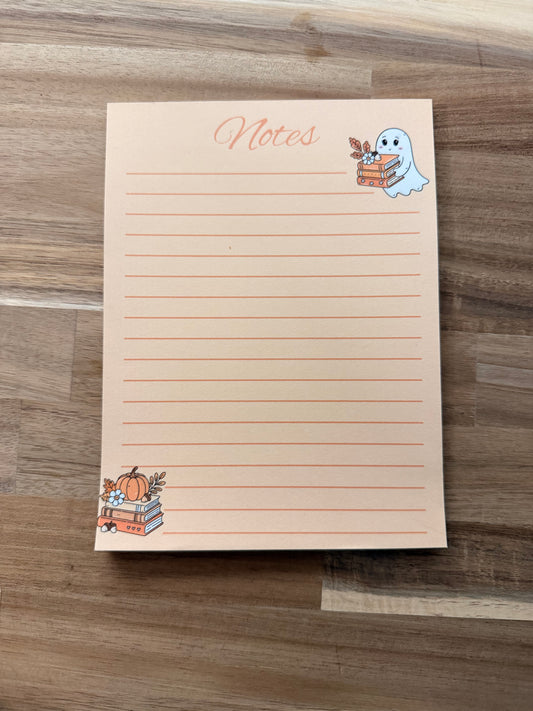 Autumn Ghost Notepad – Cozy Pumpkin Books Stationery, Cute Fall Writing Pad