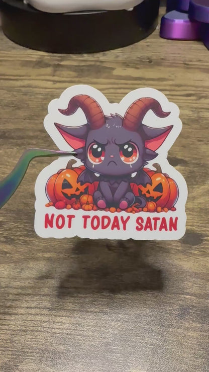 Not Today Satan Sticker – Cute Chibi Demon with Pumpkins, Halloween Spooky Vinyl Decal, Funny Gothic Laptop/Water Bottle Sticker